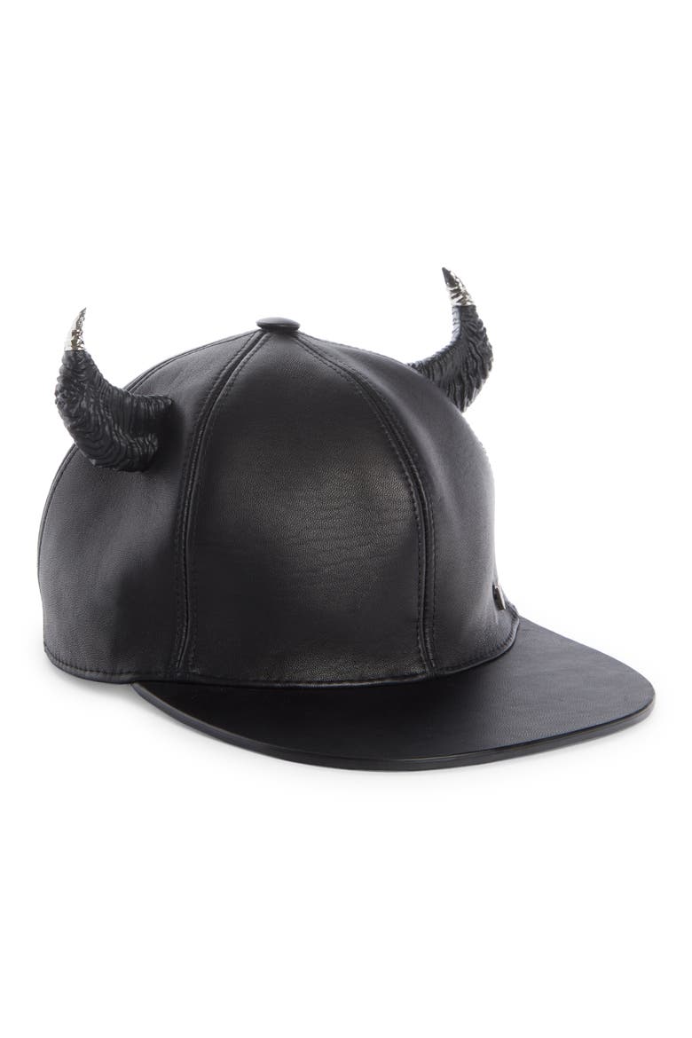 Leather Baseball Cap with Horns, Main, color, BLACK
