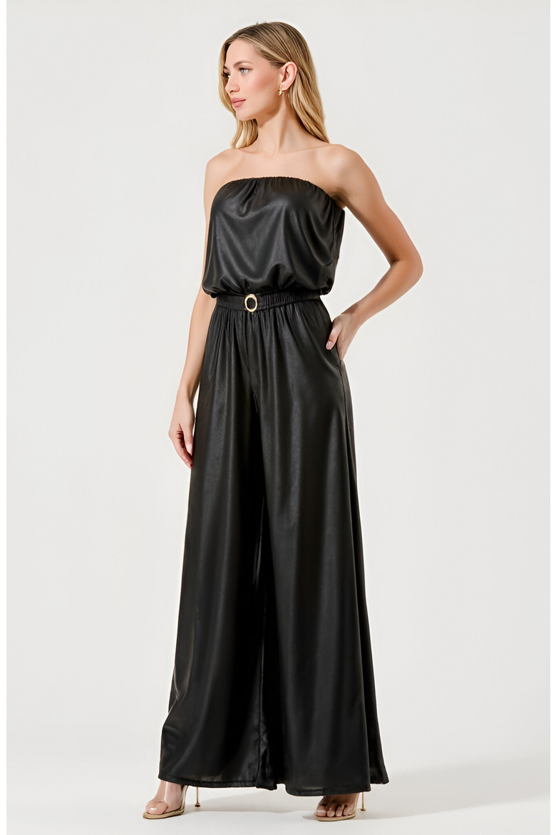 Strapless Satin Jumpsuit with Belted Waist and Wide Leg Silhouette, Alternate, color, Black