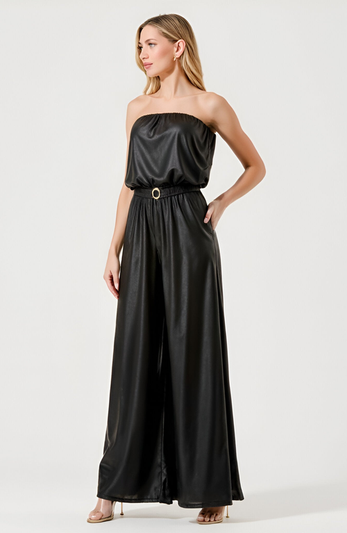 Modenaire Strapless Satin Jumpsuit With Belted Waist And Wide Leg Silhouette In Black