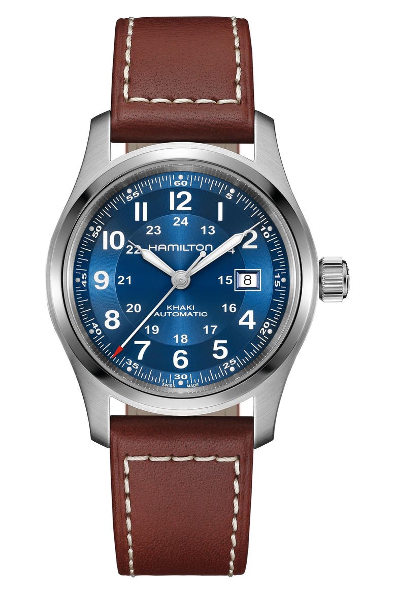 Khaki Field Automatic Leather Strap Watch, 42mm, Main, color, BLUE
