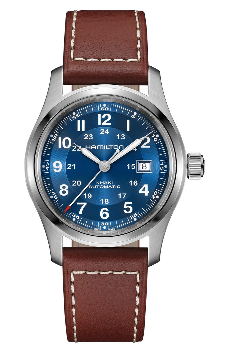 Hamilton Khaki Field Automatic Leather Strap Watch, 42mm, Main, color, Blue