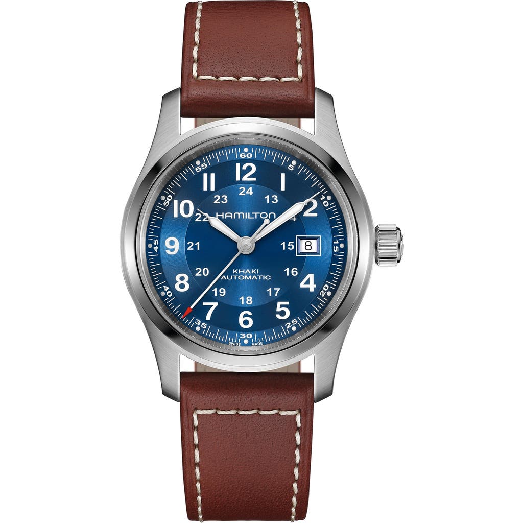 Hamilton Khaki Field Automatic Leather Strap Watch, 42mm In Blue