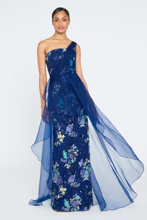 Theia Noemi One Shoulder Sequined Gown In Blue