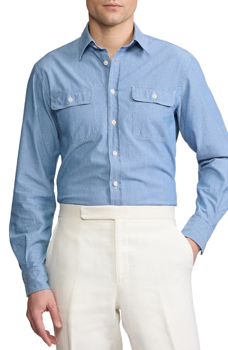 Ralph Lauren Purple Label Washed Cotton Chambray Button-Up Shirt, Main, color, Medium Bermuda Wash