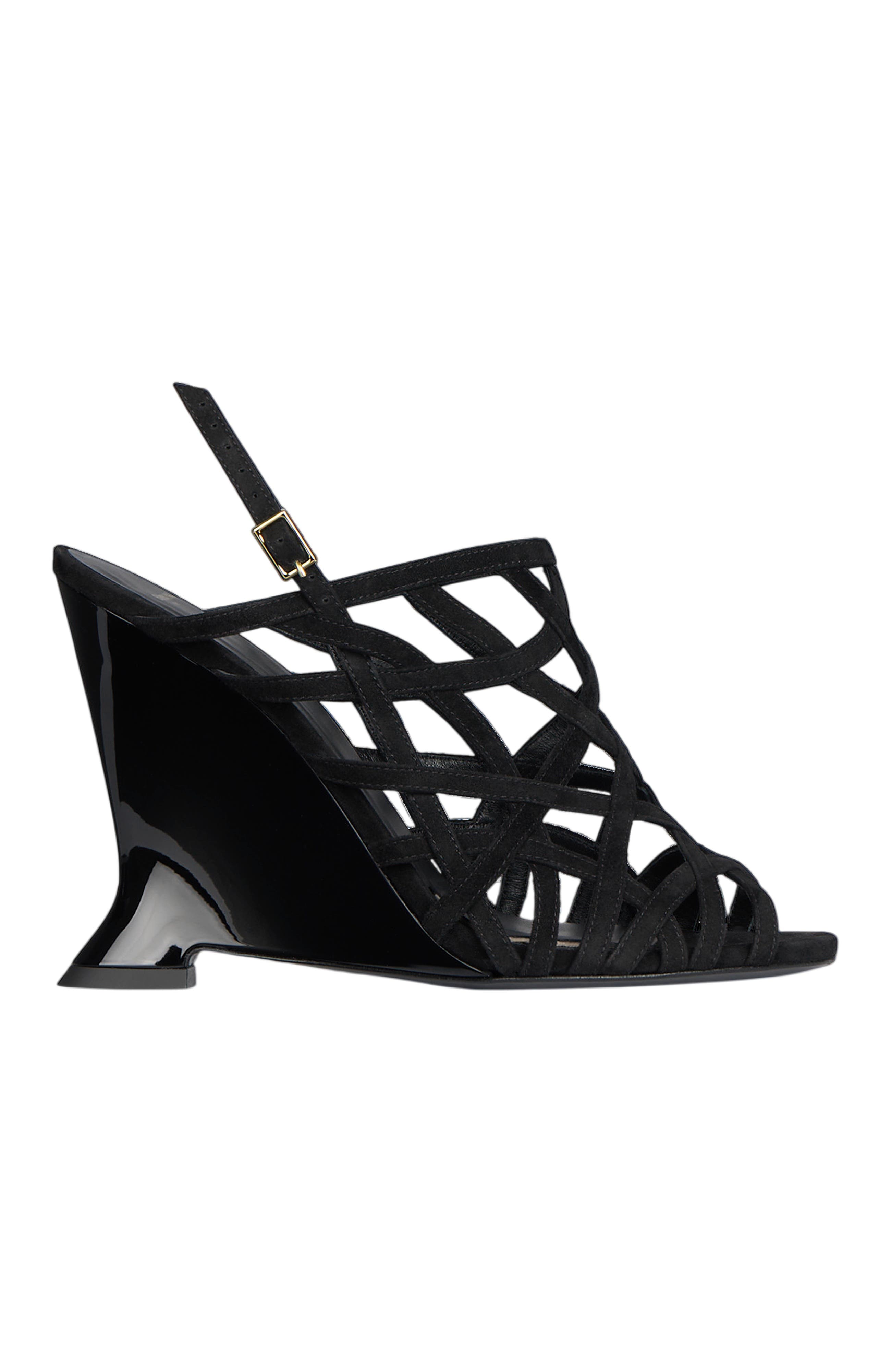Wedge Cage Sandals in Suede, Alternate, color, black
