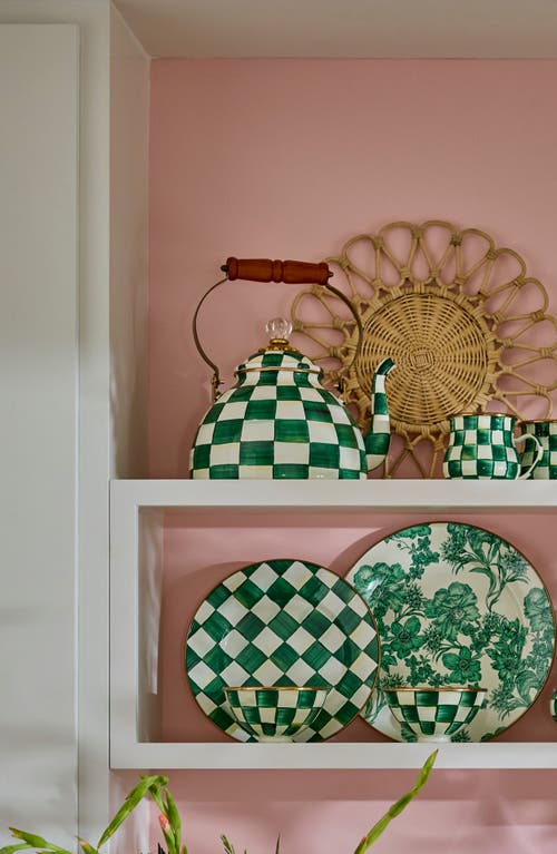 Mackenzie-childs Mackenzie Childs Emerald Check Enameled Steel 3-quart Tea Kettle In Green