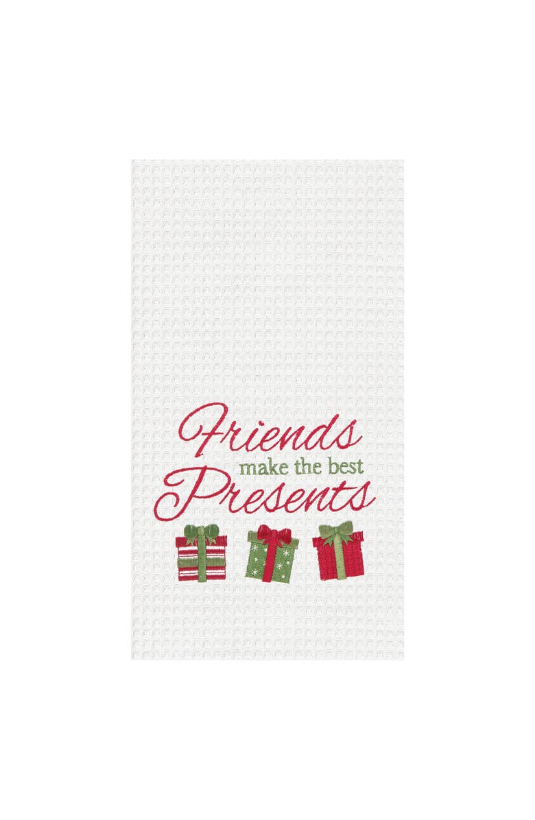 C&F Home "Friends Are The Best Presents" Christmas Embroidered 100% Cotton Waffle Weave Dishtowel, Main, color, White