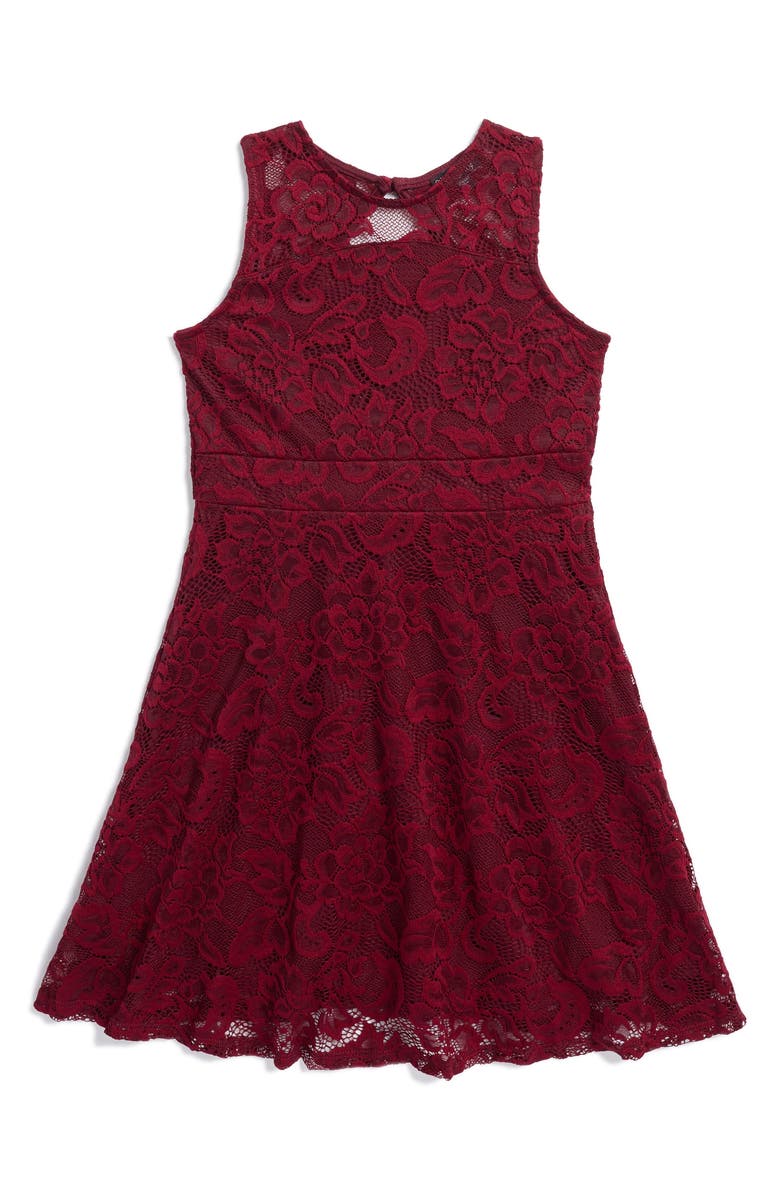 Ava & Yelly Kids' Sleeveless Lace Skater Dress, Main, color, Burgundy