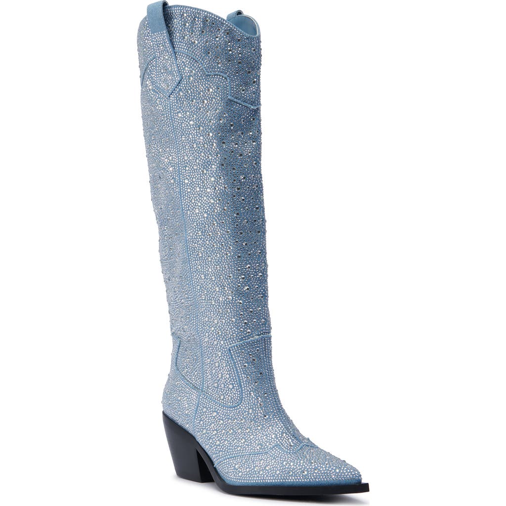 Azalea Wang Louella Rhinestone Deim Tall Cowboy Boot In Blue