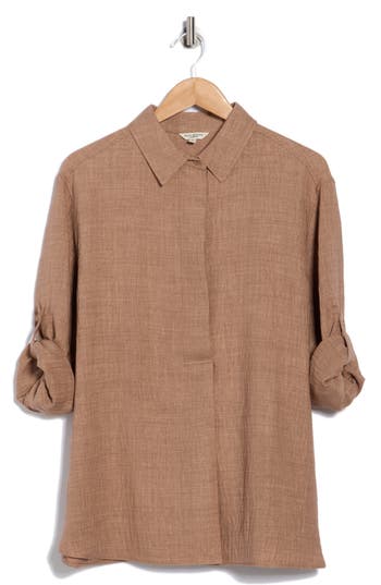 Max Studio Roll Tab Sleeve Shirt In Brown