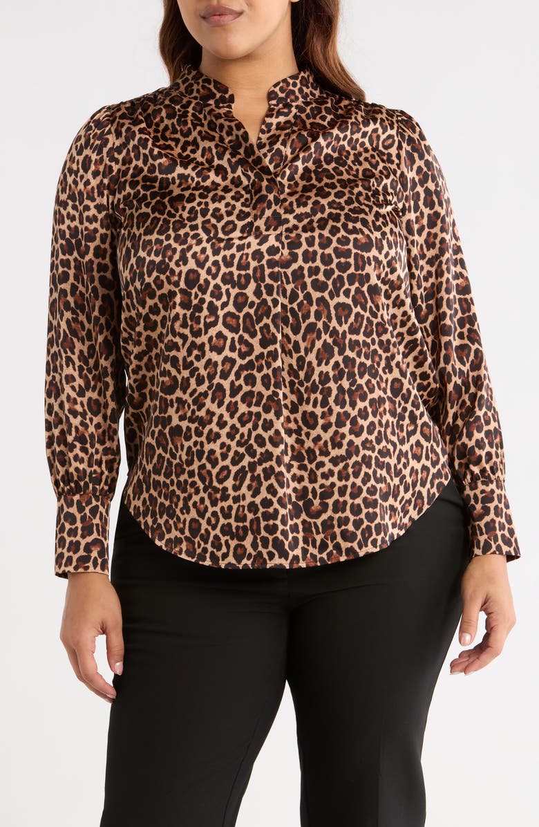Anne Klein Leopard Print Satin Button-Up Shirt, Main, color, 