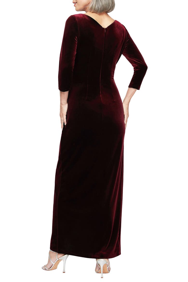 Pleated Long Sleeve Velvet Gown, Alternate, color, WINE