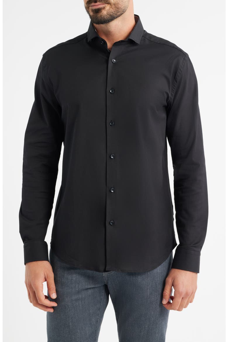 Nova Legacy Solid Black Stretch Cotton Blend Button-Up Shirt, Main, color, BLACK