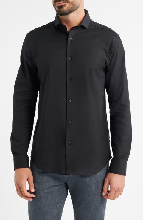 Nova Legacy Solid Black Stretch Cotton Blend Button-Up Shirt