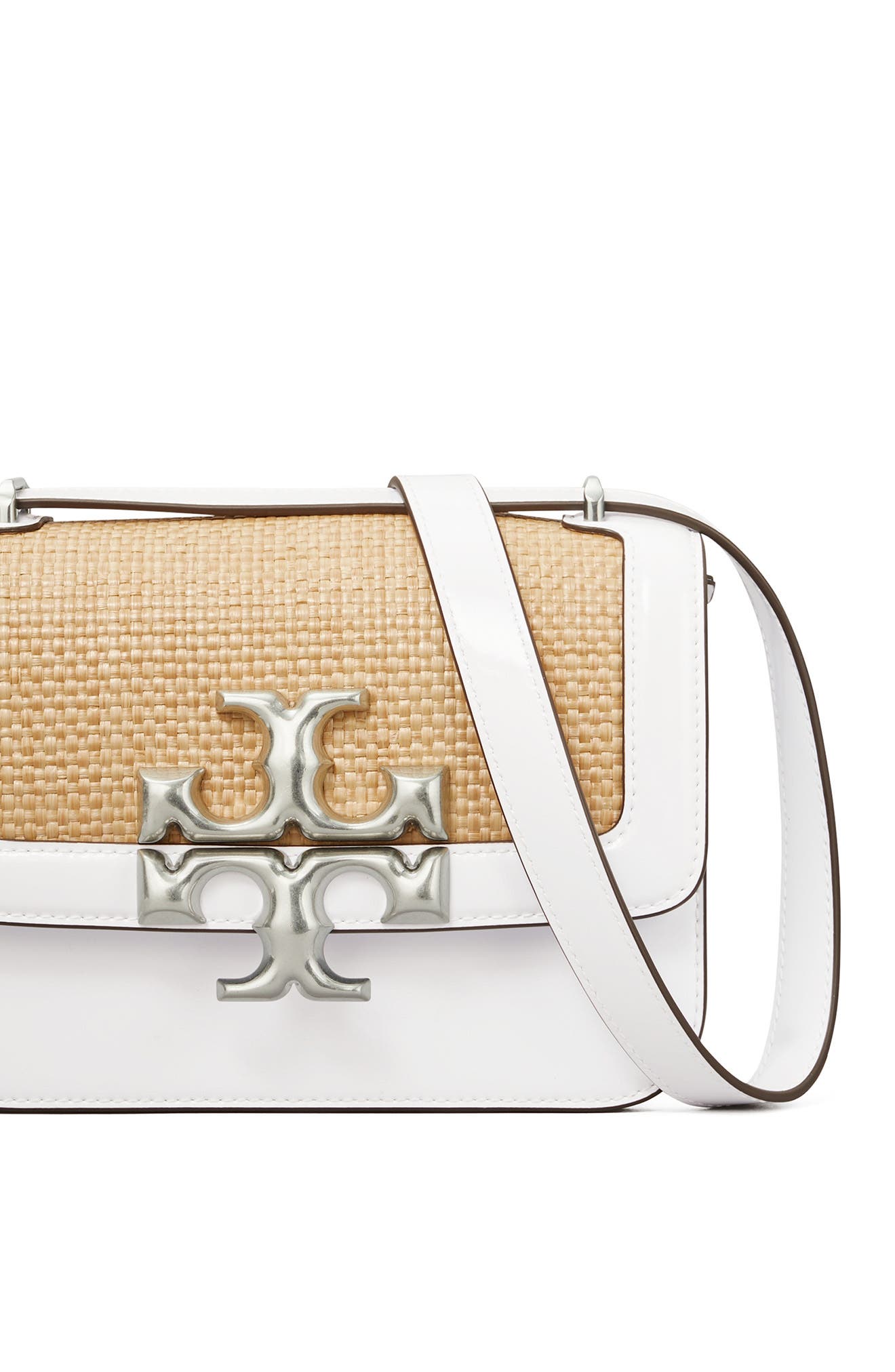 Tory Burch Eleanor Small Woven Straw & Leather Shoulder Bag, Alternate, color, 