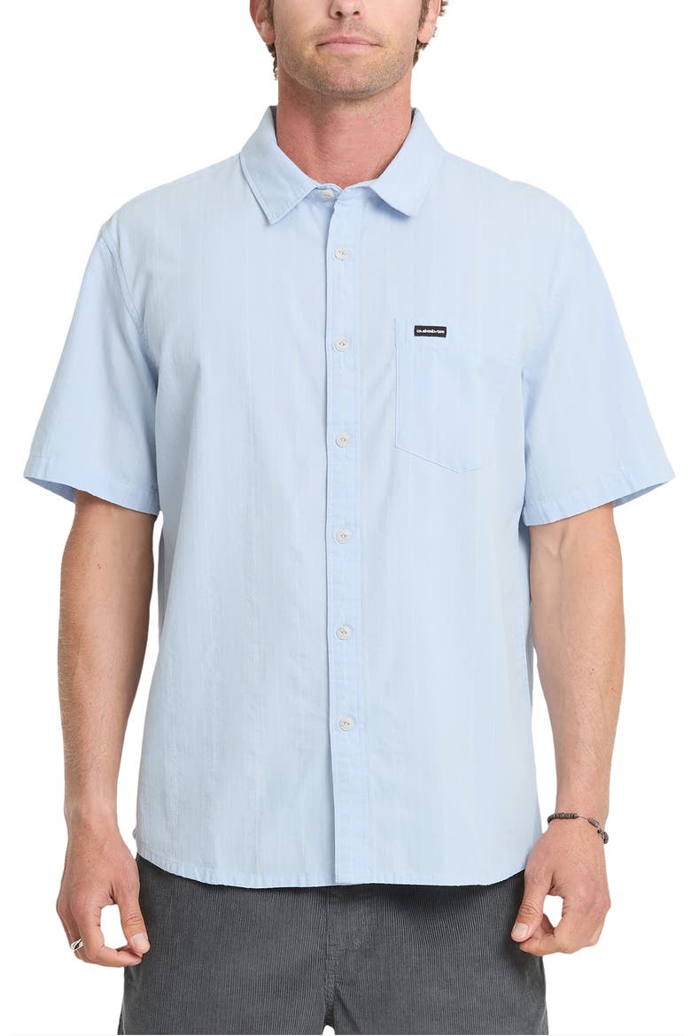 Dobby Stripe Classic Short Sleeve Cotton Button-Up Shirt, Main, color, SKYWAY