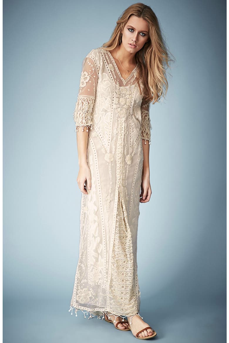 Kate Moss for Topshop Crochet Lace Maxi Dress, Alternate, color, CREAM