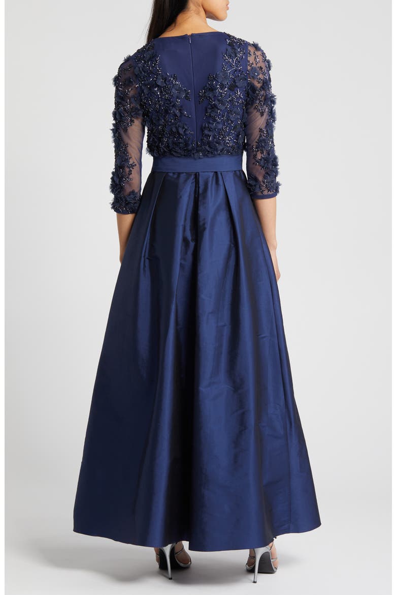 3D Floral Beaded Taffeta Dress, Alternate, color, NAVY