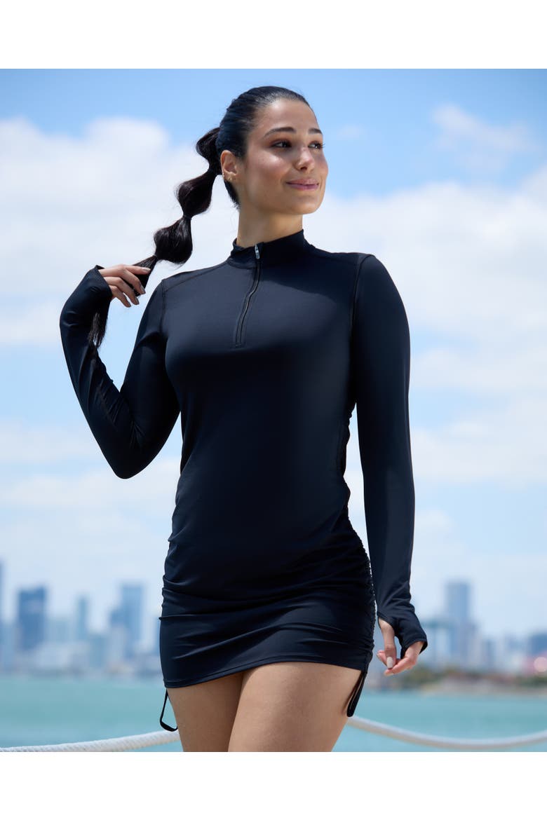 Women's Long Sleeve Sun and UV Protection Drawstring Coverup Dress, Alternate, color, Black