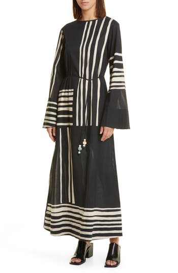 Sir Linocut Stripe Long Sleeve Open Back Cotton Maxi Dress In Ligne