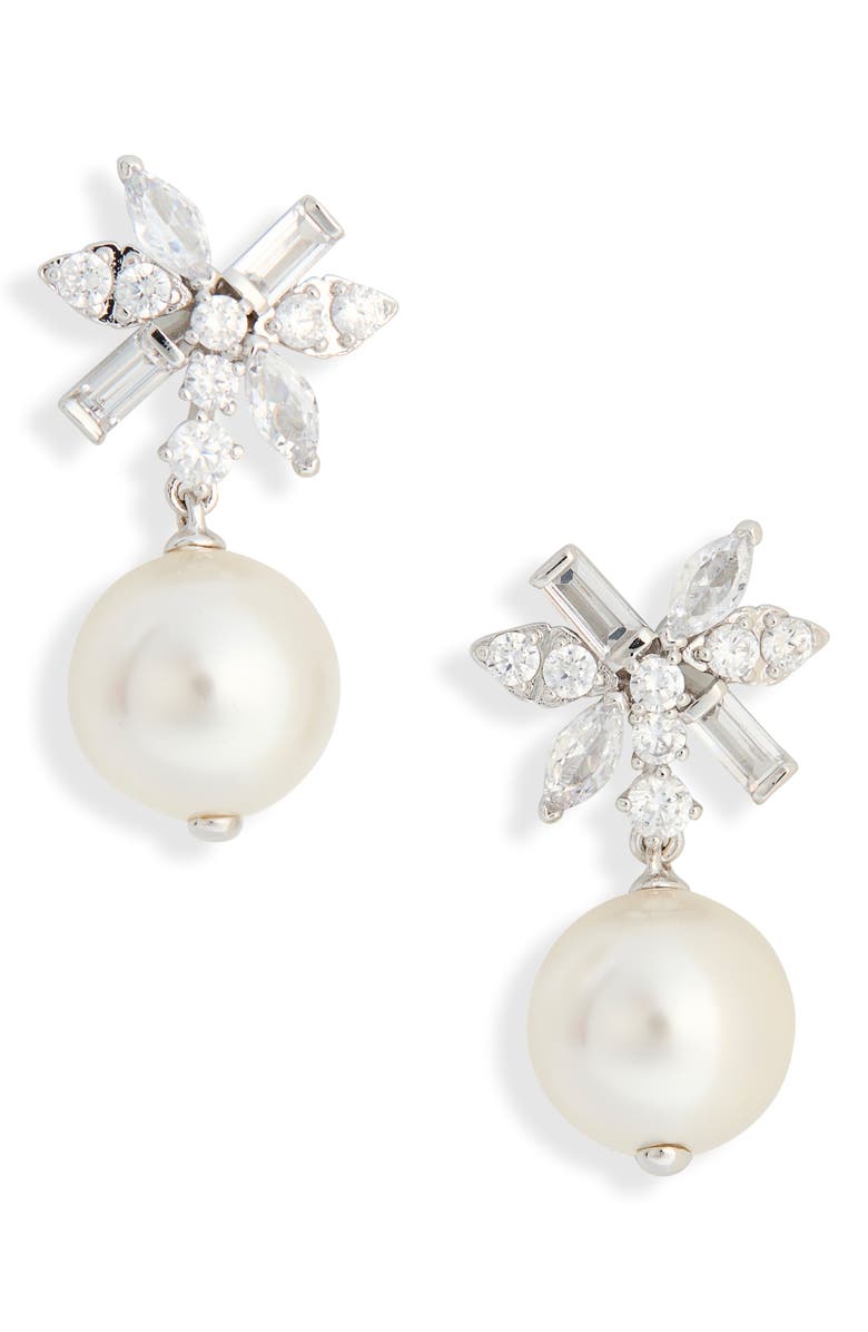 Nadri Lace Faux Pearl Drop Earrings, Main, color, Rhodium