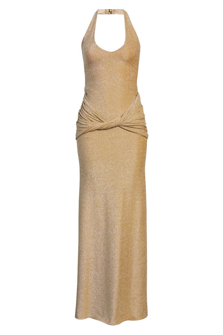 Soraya Metallic Jersey Halter Column Gown, Alternate, color, GOLD
