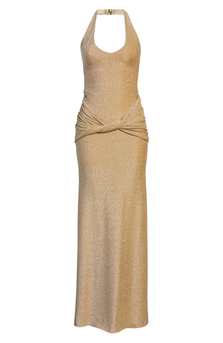 Delfi Collective Soraya Metallic Jersey Halter Column Gown, Alternate, color, Gold