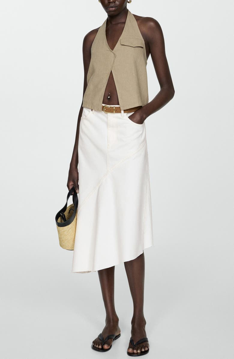 MANGO Asymmetric Raw Hem Denim Midi Skirt, Alternate, color, Off White