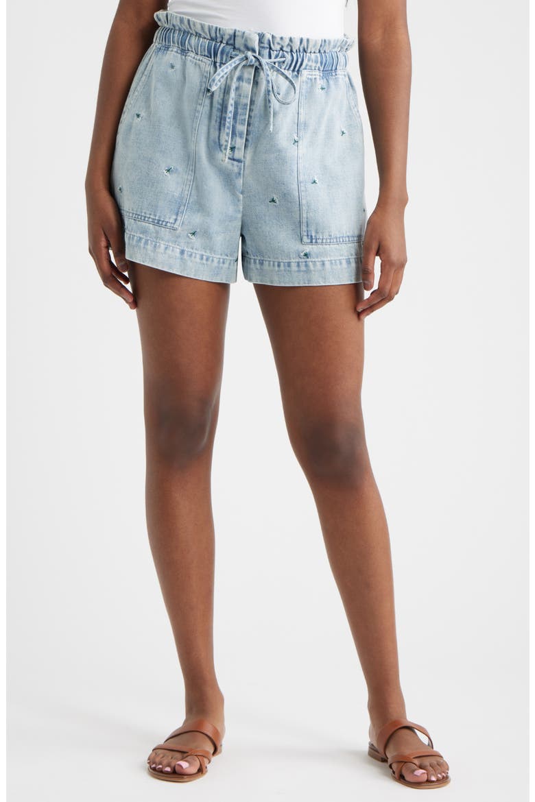 Foster Floral Embroidered Paperbag Denim Shorts, Main, color, IVORY CARNATIONS