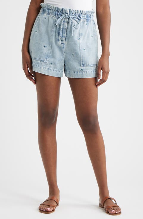 Foster Floral Embroidered Paperbag Denim Shorts
