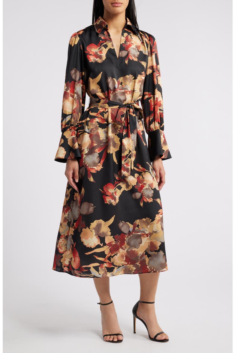 Floral Long Sleeve Midi Shirtdress, Main, color, BLACK AND ORANGE