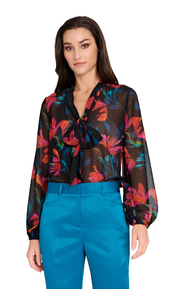 Tahari ASL Floral Bow Neck Chiffon Top, Alternate, color, Black Pink Floral