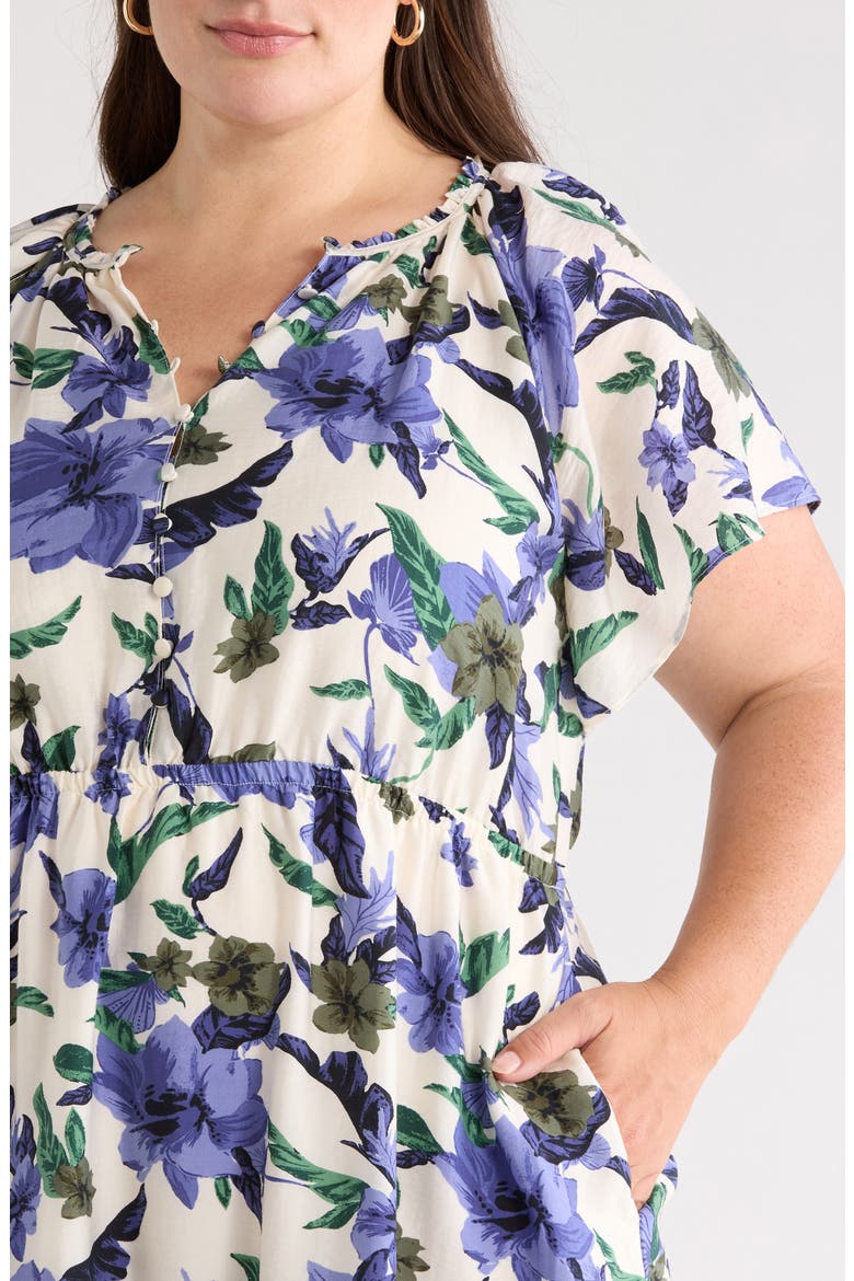 Flutter Sleeve Tiered Dress, Alternate, color, IVORY- BLUE SEA FLORAL