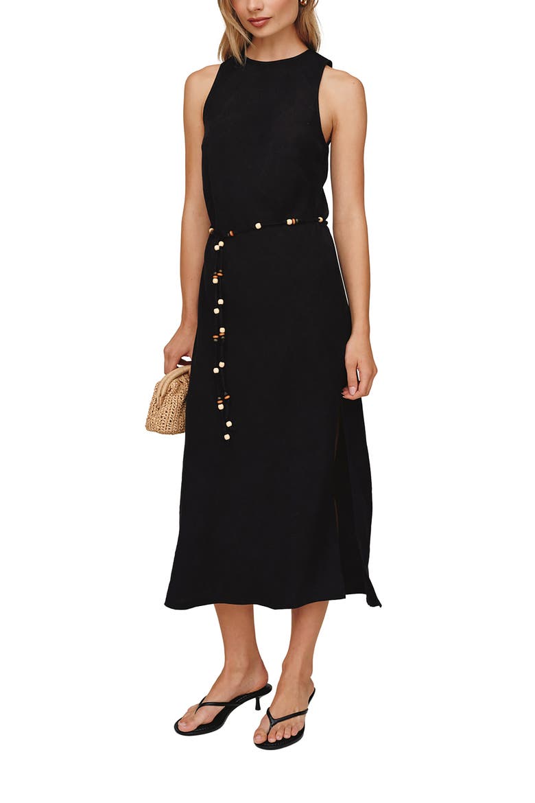 Beaded Tie Belt Bias Cut Linen Blend Midi Dress, Main, color, BLACK