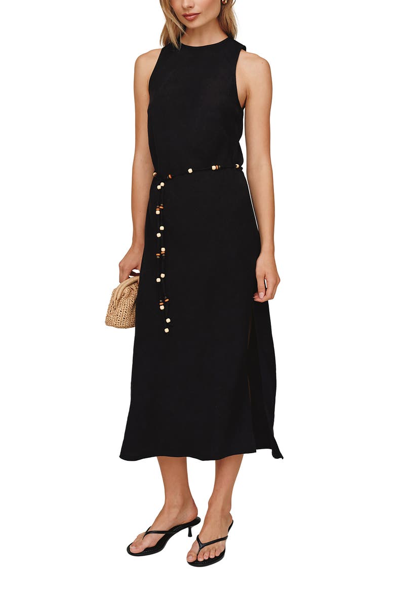 Bella Dahl Beaded Tie Belt Bias Cut Linen Blend Midi Dress, Main, color, Black