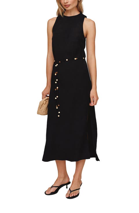 Beaded Tie Belt Bias Cut Linen Blend Midi Dress