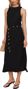 Bella Dahl Beaded Tie Belt Bias Cut Linen Blend Midi Dress
