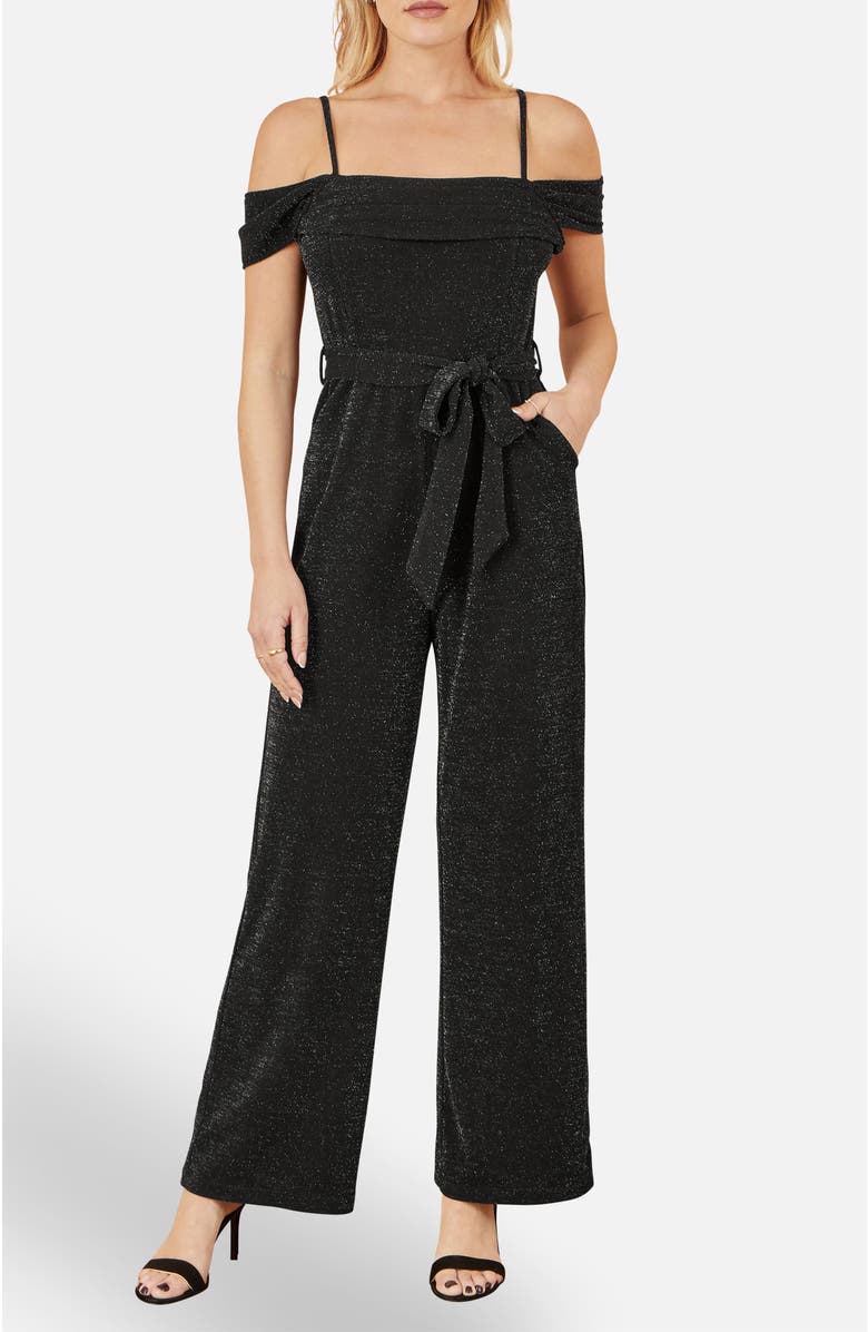 Yumi Sparkle Stretch Bardot Jumpsuit, Alternate, color, Black