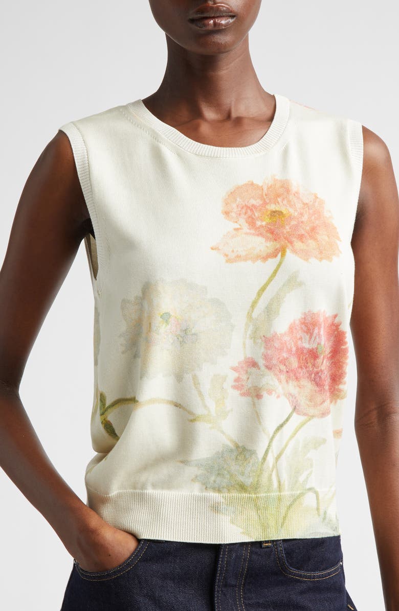 Carolina Herrera Poppy Print Silk & Cotton Sweater Tank, Alternate, color, Almond Multi