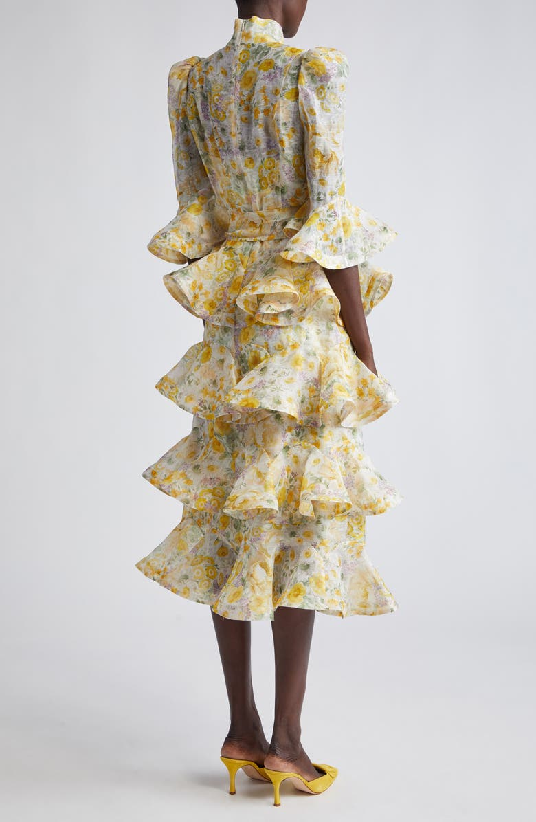 Zimmermann Harmony Floral Ruffle Tiered Linen & Silk Midi Dress, Alternate, color, 