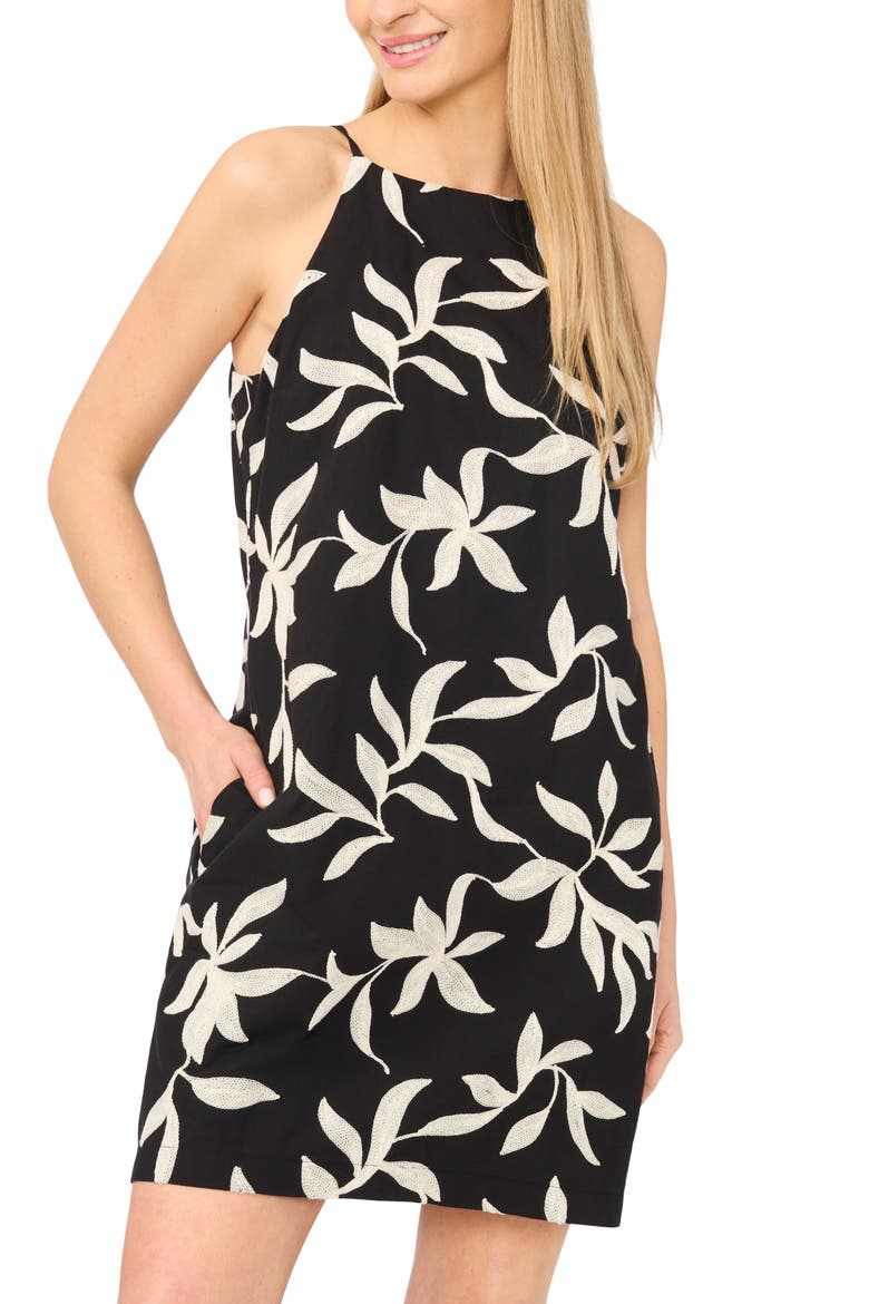Embroidered Leaf Print Cotton A-Line Sundress, Alternate, color, RICH BLACK