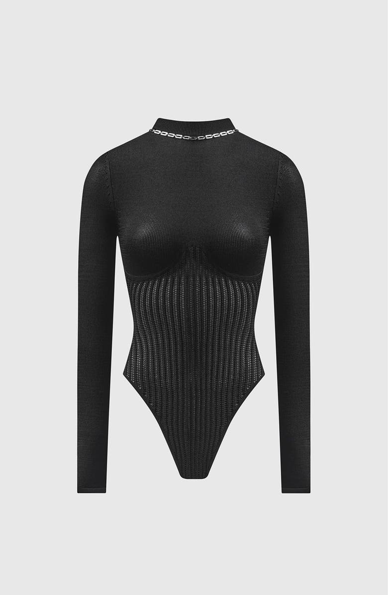 Manière De Voir Contour Knit Bodysuit with Chain, Alternate, color, Black