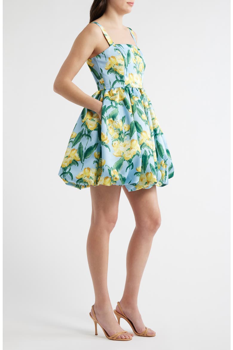 Floral Square Neck Bubble Hem Cocktail Minidress, Alternate, color, BLUE MULTI