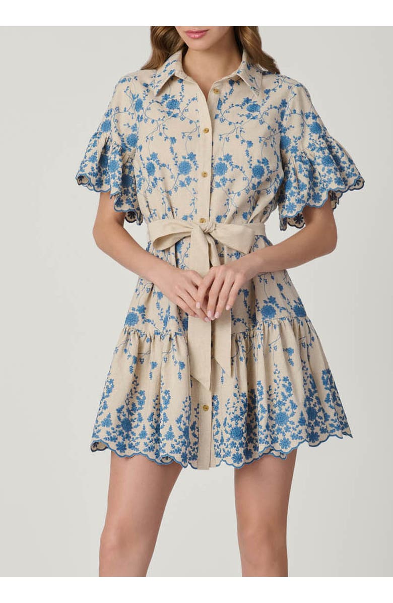 Shoshanna Lima Serra Embroidery Dress, Main, color, Flax/Powder Blue