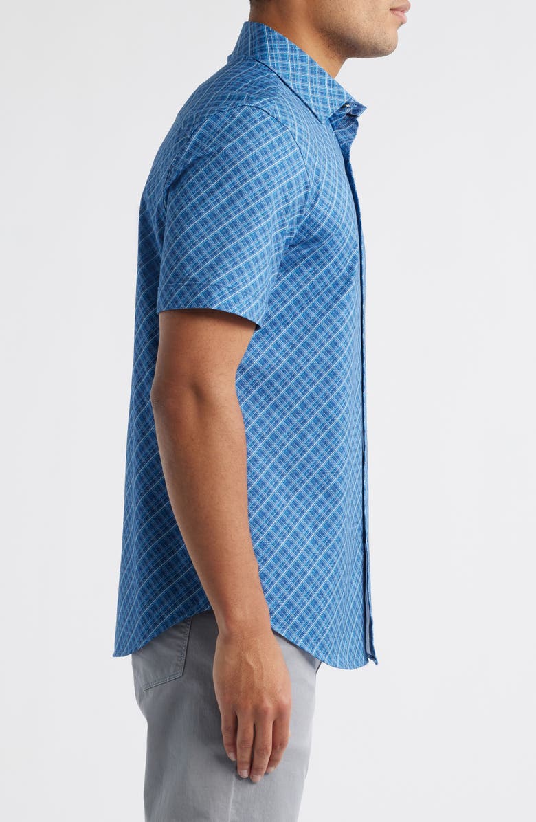 Bugatchi Miles OoohCotton<sup>®</sup> Tartan Print Short Sleeve Button-Up Shirt, Alternate, color, Night Blue