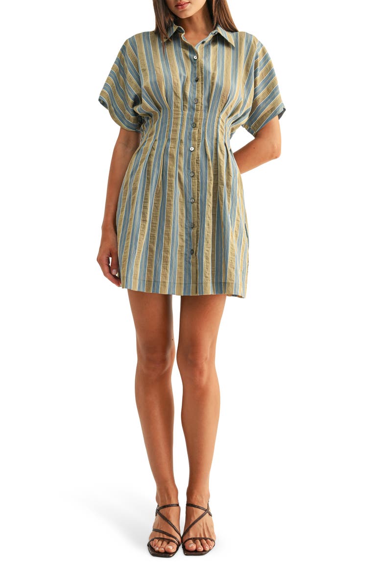 Dominique Stripe Pleat Mini Shirtdress, Main, color, BLUE/ OLIVE