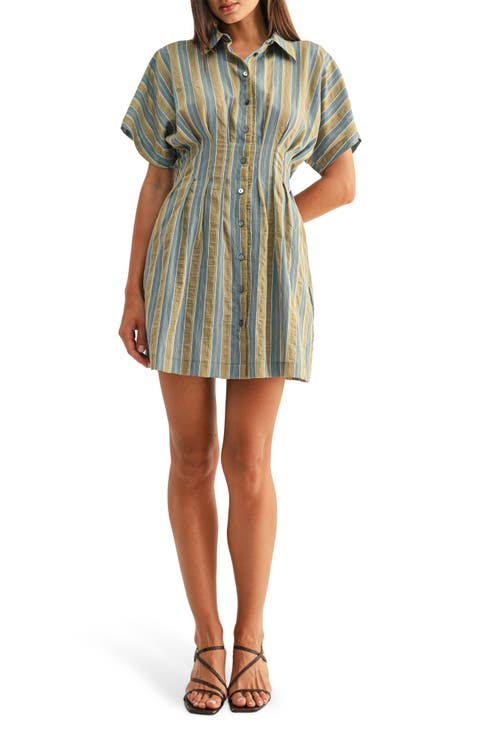 Dominique Stripe Pleat Mini Shirtdress