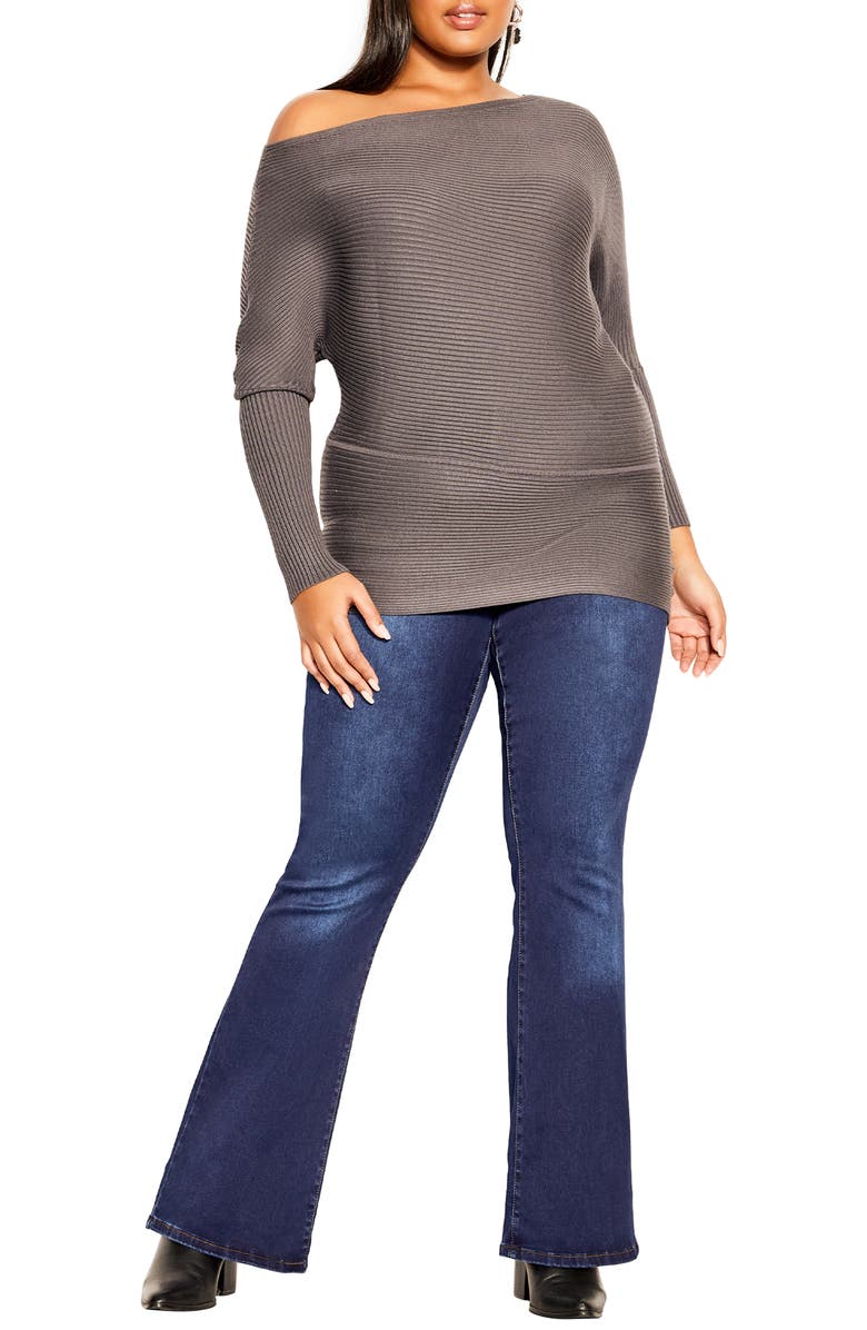 City Chic One-Shoulder Rib Sweater, Alternate, color,