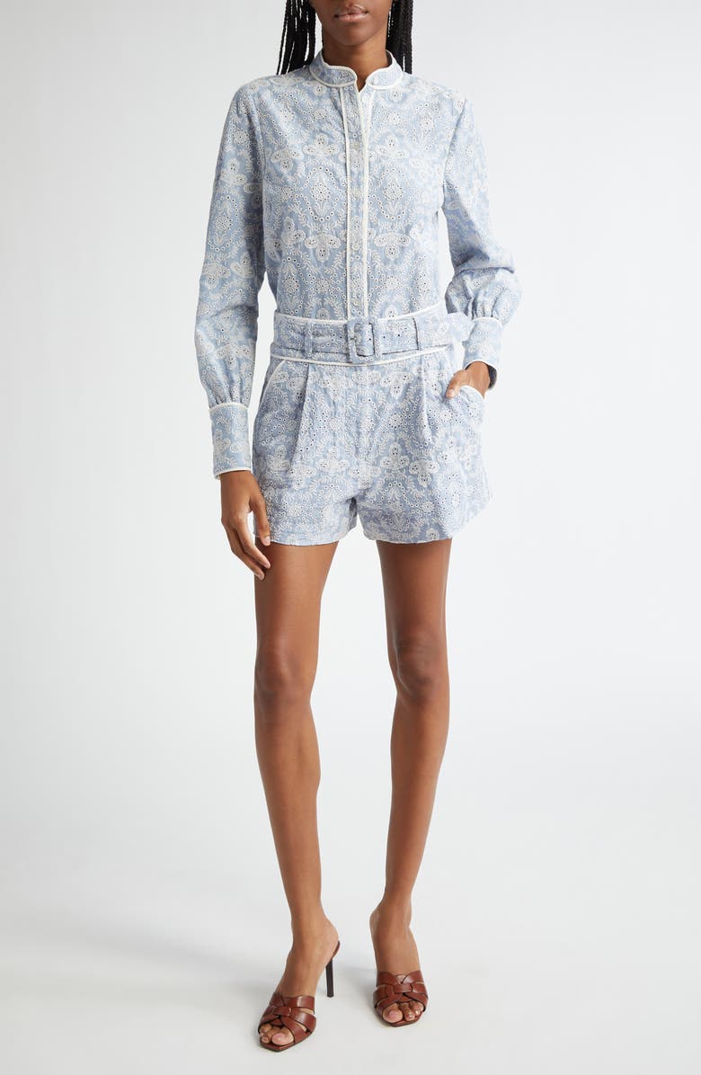 Veronica Beard Hobbes Embroidered Cotton Eyelet Shorts, Alternate, color, Blue/ Ecru