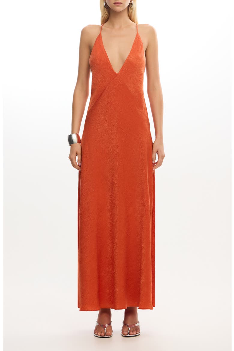 Arielle Plunge Back Crushed Satin Maxi Slipdress, Main, color, RUST